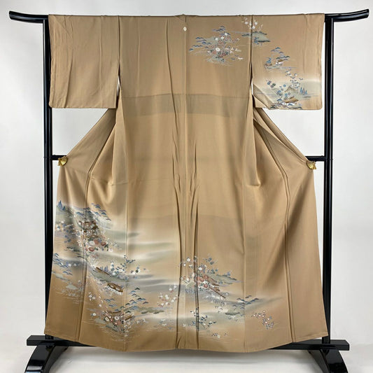 訪問服 身長159cm 袖長63cm S 雙層 家屋 松樹竹子梅花 漸層 薄茶 純蠶絲 秀品級 一つ紋