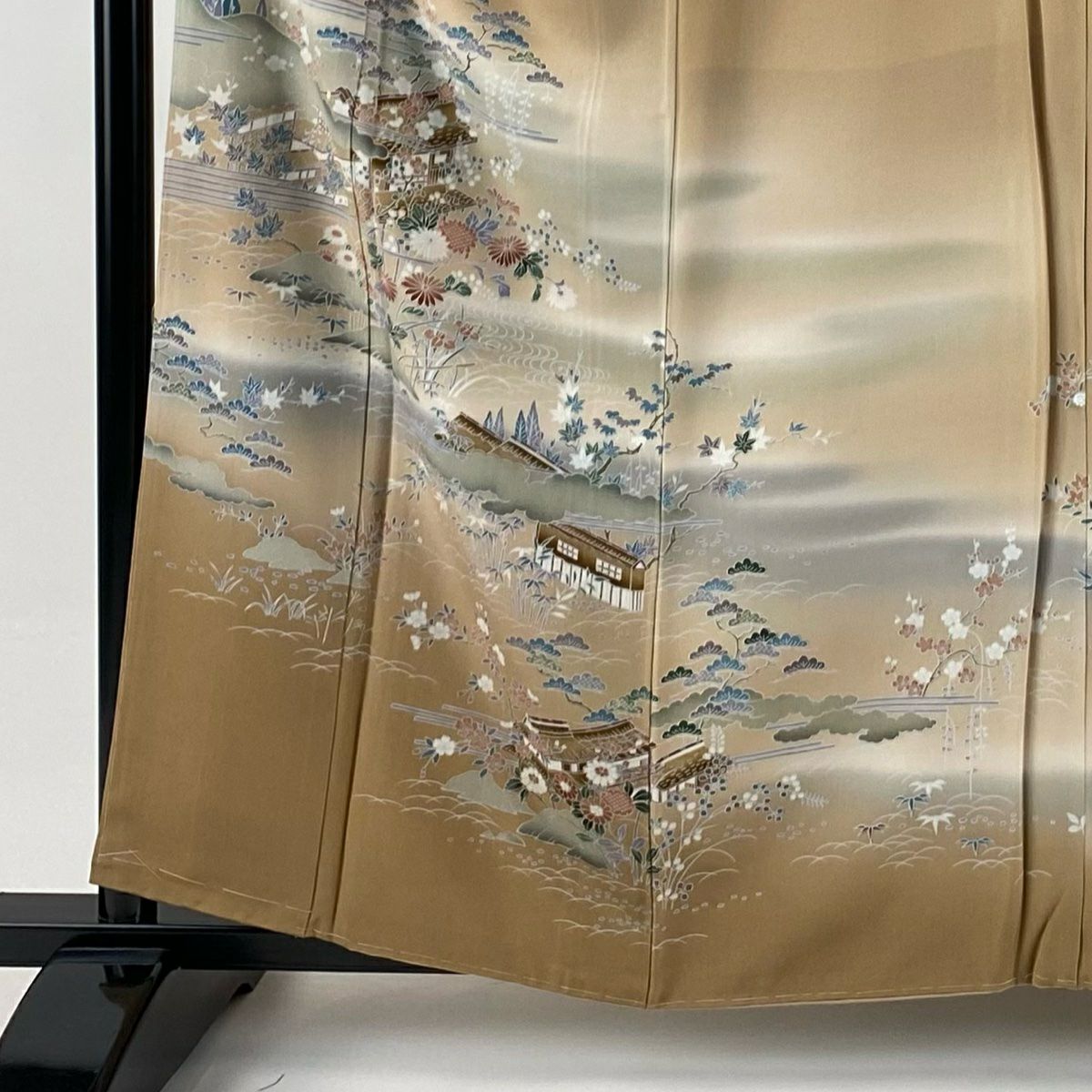 訪問服 身長159cm 袖長63cm S 雙層 家屋 松樹竹子梅花 漸層 薄茶 純蠶絲 秀品級 一つ紋