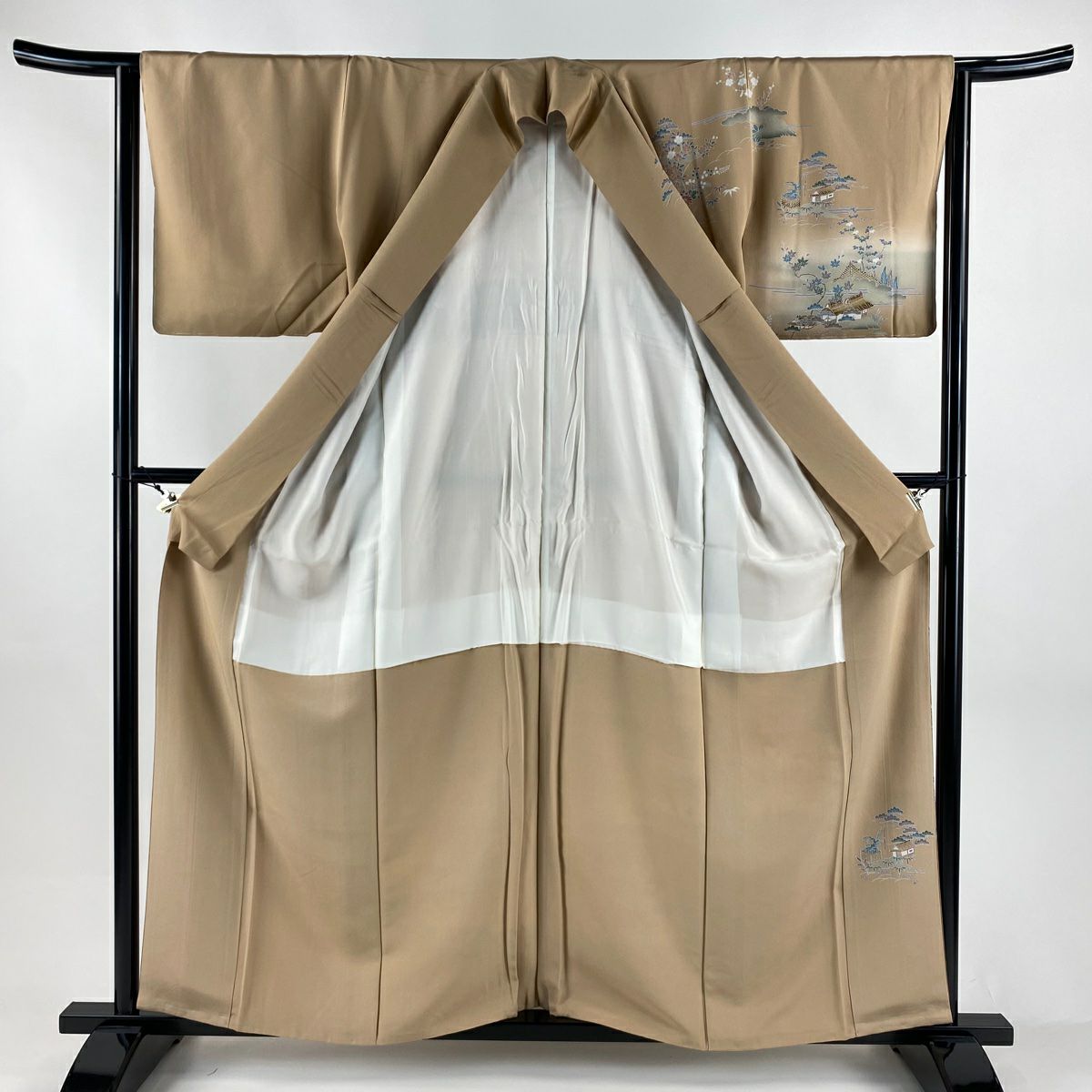 訪問服 身長159cm 袖長63cm S 雙層 家屋 松樹竹子梅花 漸層 薄茶 純蠶絲 秀品級 一つ紋