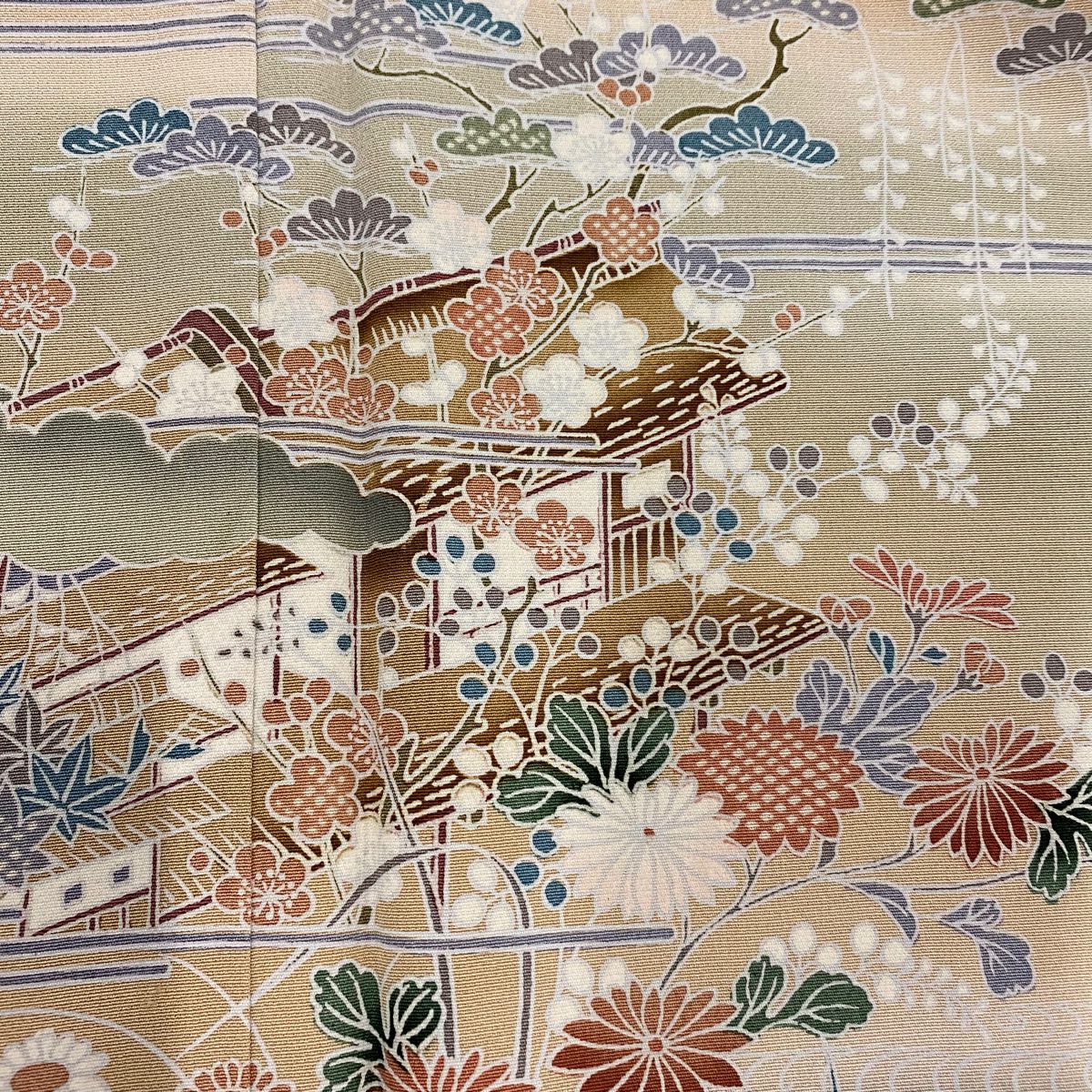 訪問服 身長159cm 袖長63cm S 雙層 家屋 松樹竹子梅花 漸層 薄茶 純蠶絲 秀品級 一つ紋