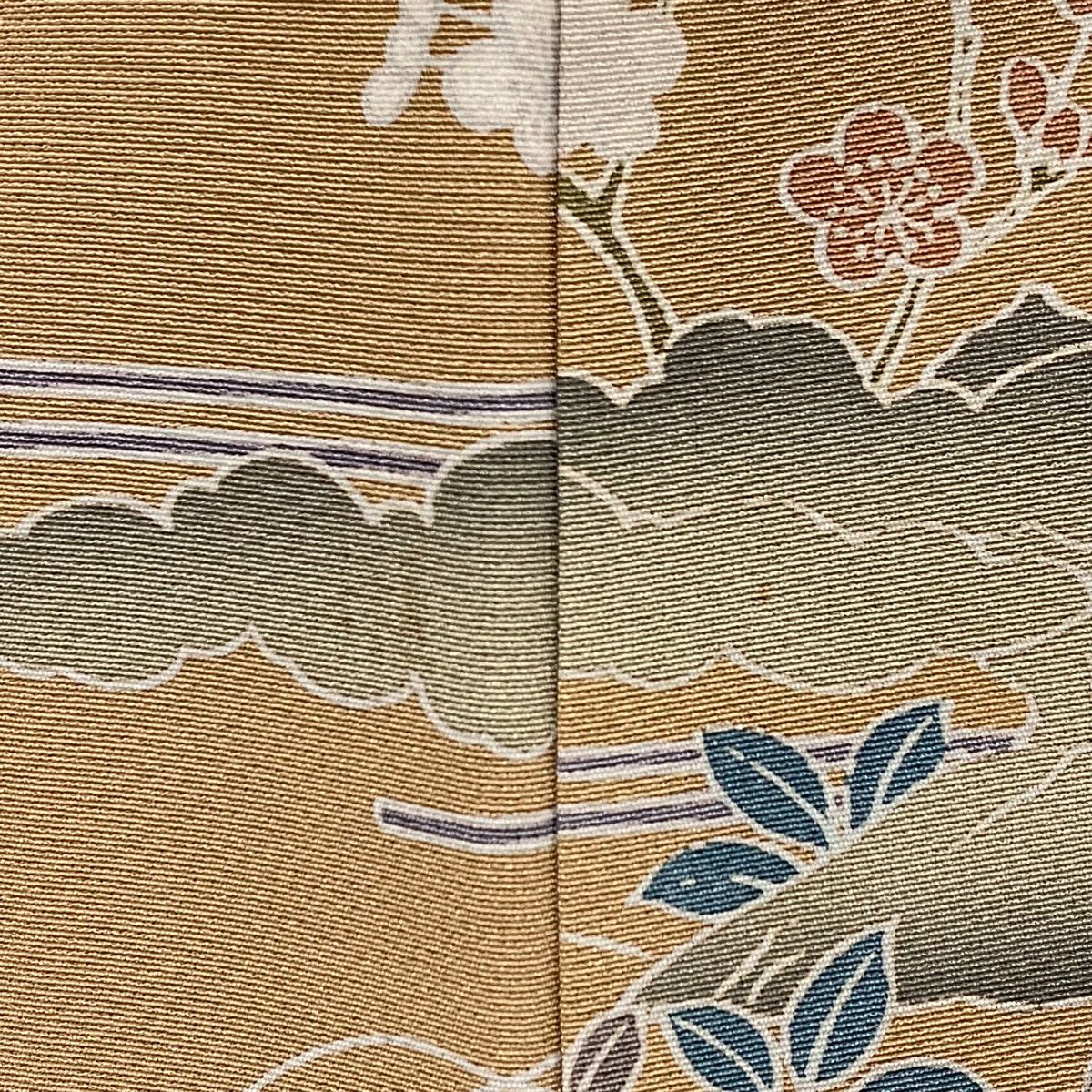 訪問服 身長159cm 袖長63cm S 雙層 家屋 松樹竹子梅花 漸層 薄茶 純蠶絲 秀品級 一つ紋