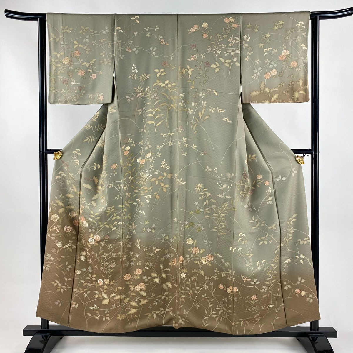 訪問服 身長156cm 袖長62cm S 雙層 秋草 地紋 刺繡 染分 灰茶 純蠶絲 秀品級