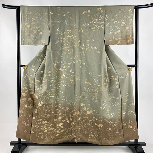 訪問服 身長156cm 袖長62cm S 雙層 秋草 地紋 刺繡 染分 灰茶 純蠶絲 秀品級