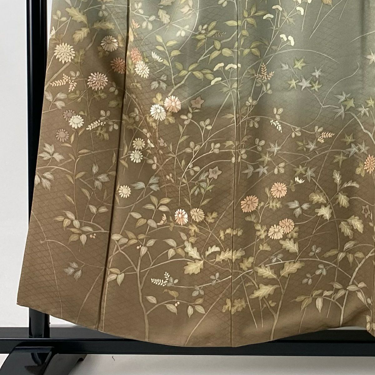 訪問服 身長156cm 袖長62cm S 雙層 秋草 地紋 刺繡 染分 灰茶 純蠶絲 秀品級
