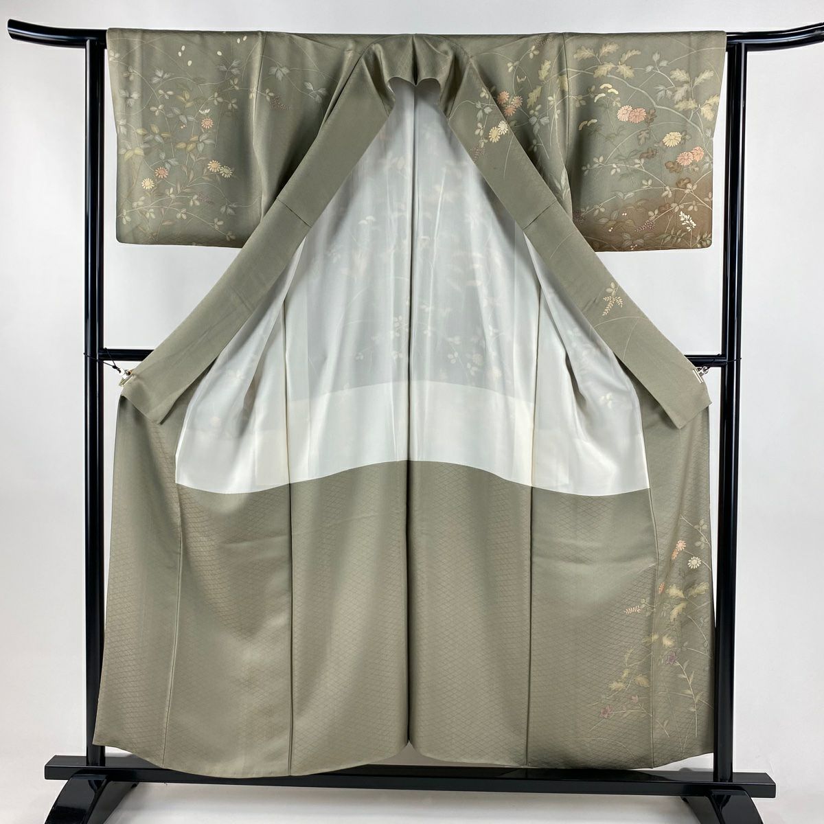 訪問服 身長156cm 袖長62cm S 雙層 秋草 地紋 刺繡 染分 灰茶 純蠶絲 秀品級