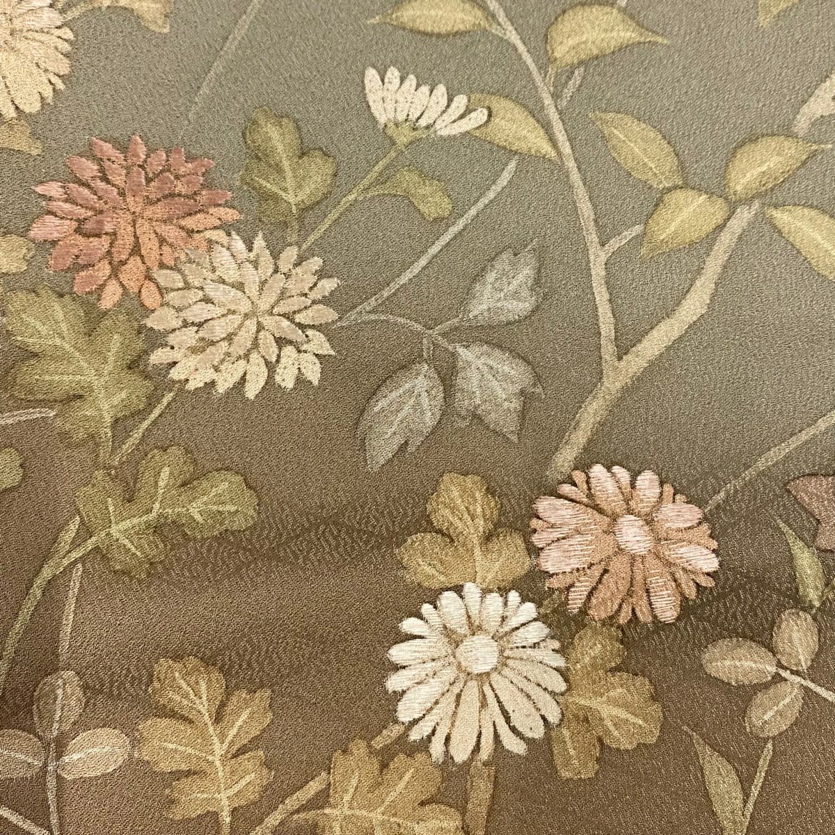 訪問服 身長156cm 袖長62cm S 雙層 秋草 地紋 刺繡 染分 灰茶 純蠶絲 秀品級
