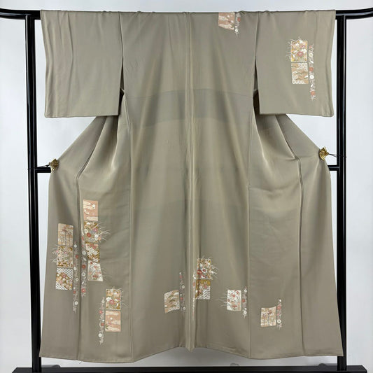 付下 身長151.5cm 袖長62.5cm S 雙層 色紙 草花紋紋 金銀彩 金糸 淺茶 純蠶絲 秀品級