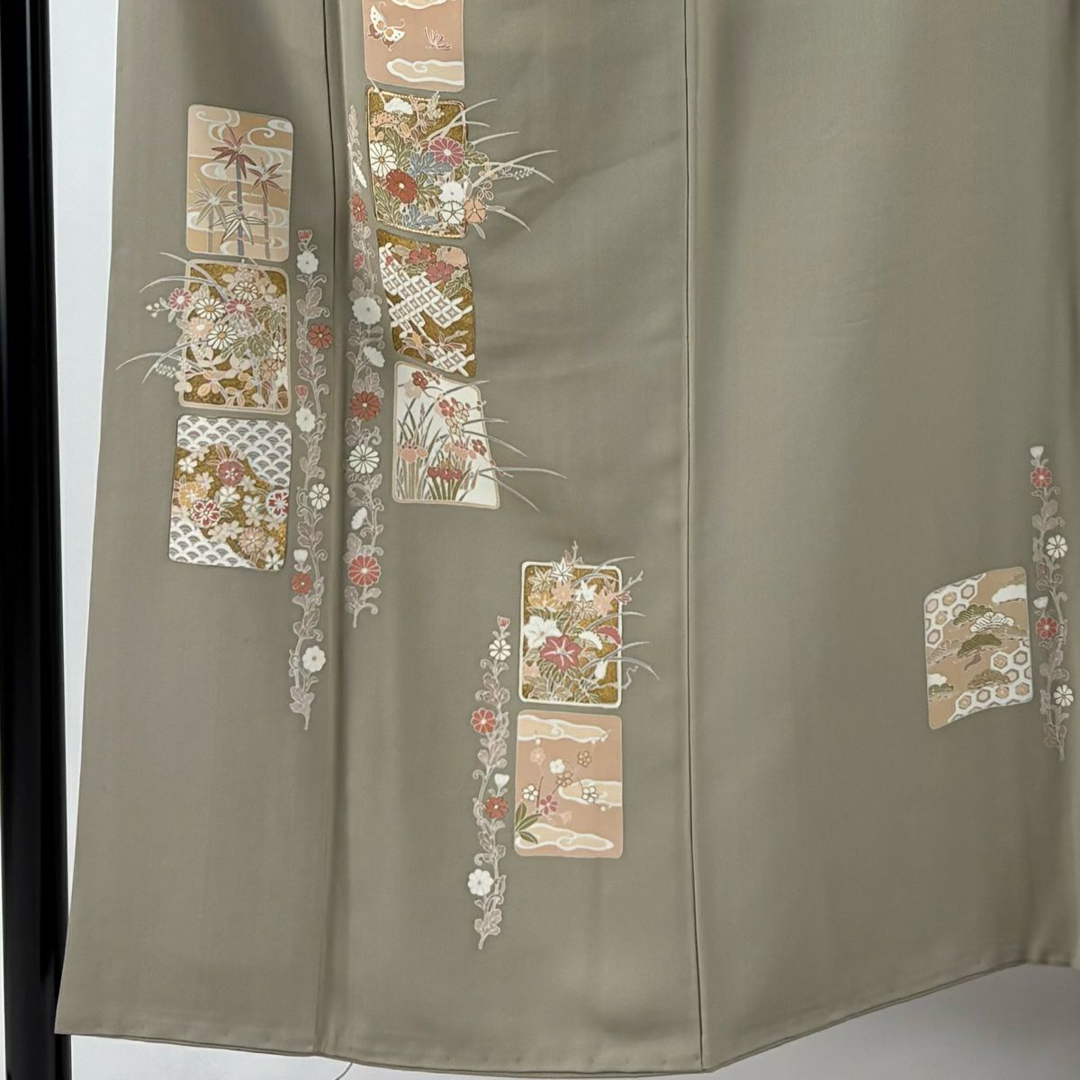 付下 身長151.5cm 袖長62.5cm S 雙層 色紙 草花紋紋 金銀彩 金糸 淺茶 純蠶絲 秀品級
