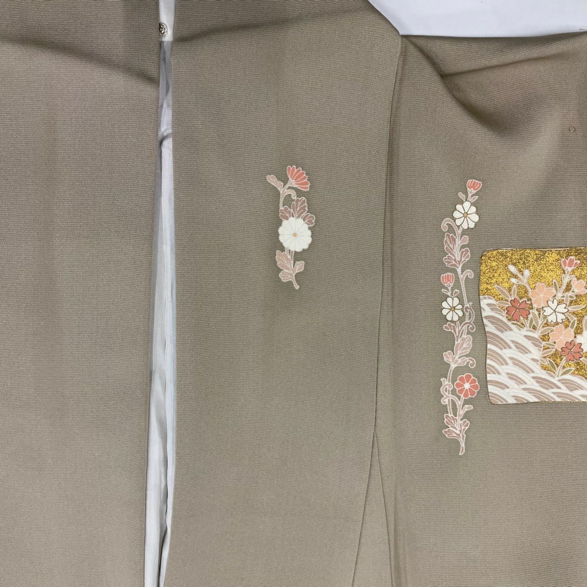 付下 身長151.5cm 袖長62.5cm S 雙層 色紙 草花紋紋 金銀彩 金糸 淺茶 純蠶絲 秀品級