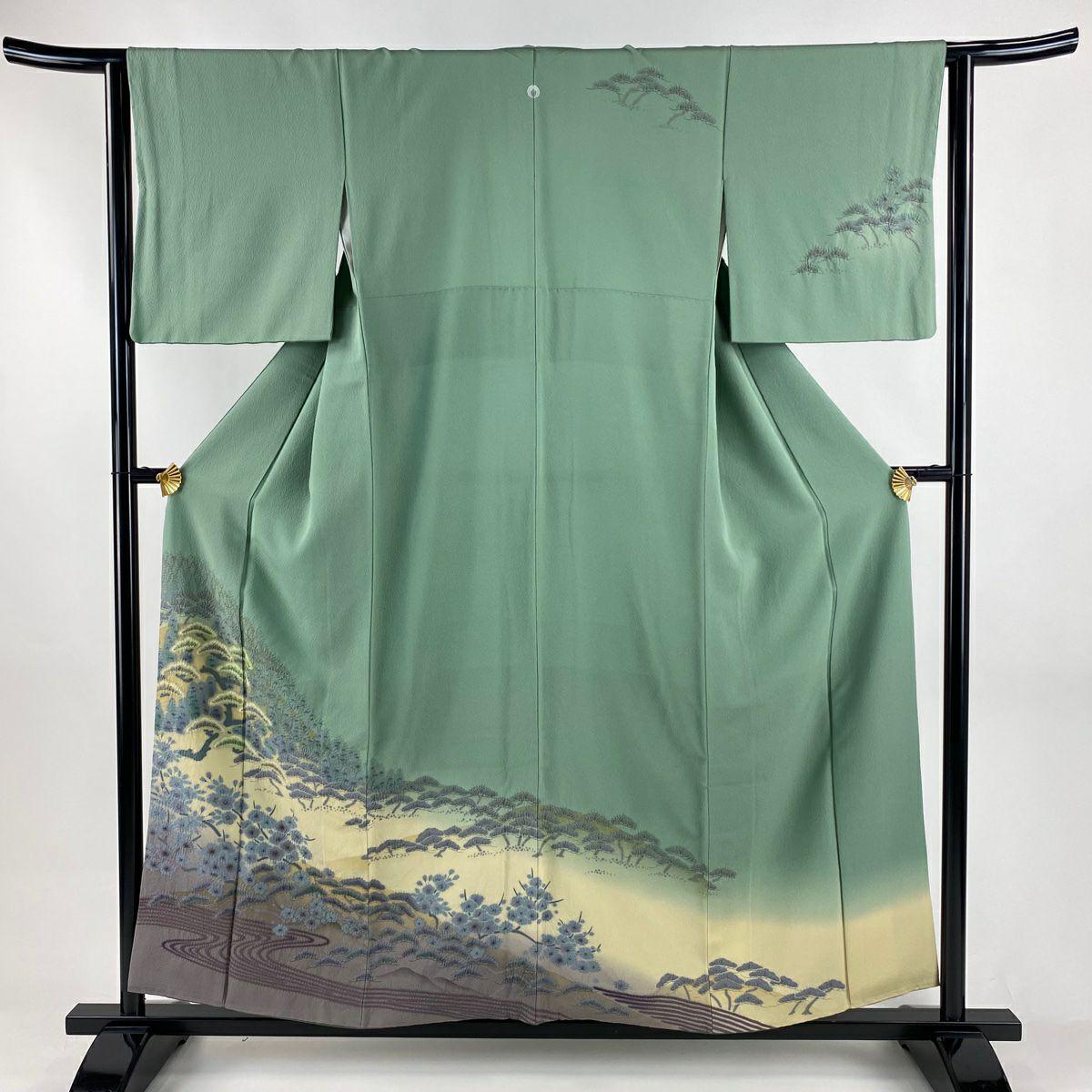 訪問服 身長156cm 袖長63.5cm S 雙層 松樹梅花 流水 絞染 金彩裝飾 淺綠 純蠶絲 秀品級 一つ紋