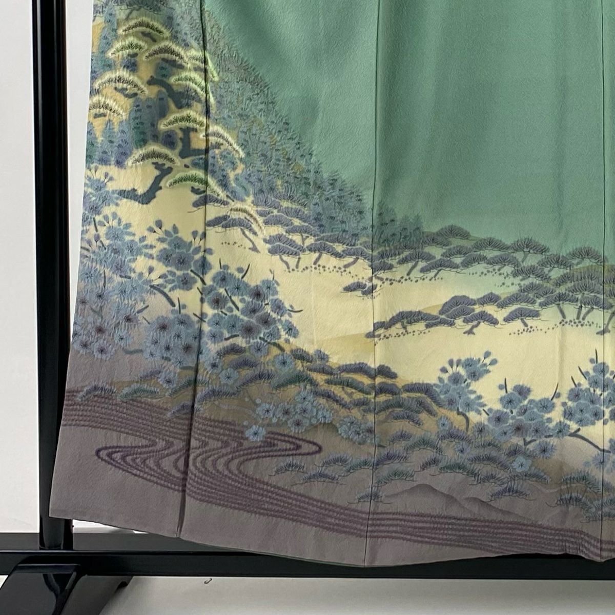訪問服 身長156cm 袖長63.5cm S 雙層 松樹梅花 流水 絞染 金彩裝飾 淺綠 純蠶絲 秀品級 一つ紋