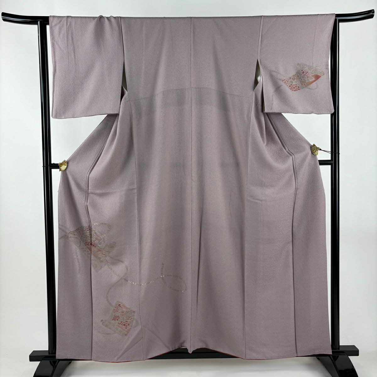 付下 身長155.5cm 袖長64.5cm M 雙層 卷物 花鳥 刺繡 淺紫 純蠶絲 優品級