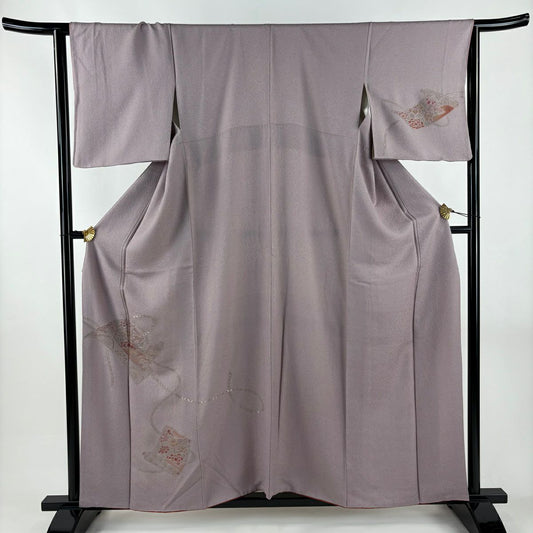 付下 身長155.5cm 袖長64.5cm M 雙層 卷物 花鳥 刺繡 淺紫 純蠶絲 優品級