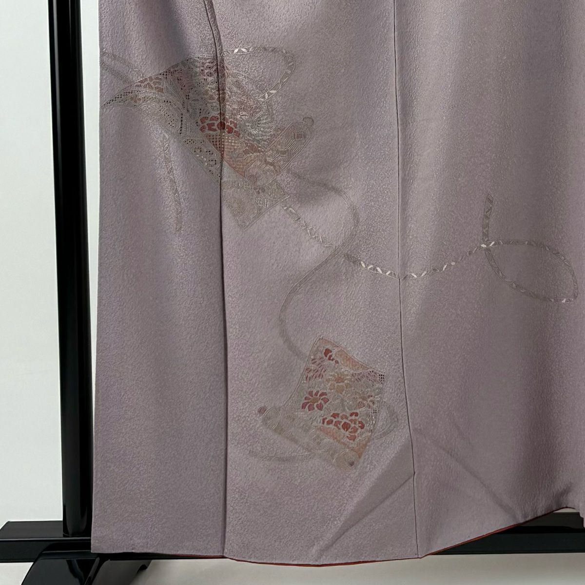 付下 身長155.5cm 袖長64.5cm M 雙層 卷物 花鳥 刺繡 淺紫 純蠶絲 優品級