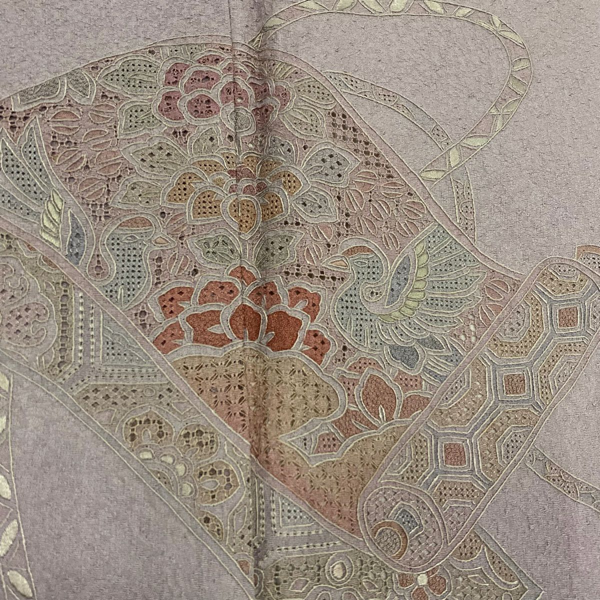 付下 身長155.5cm 袖長64.5cm M 雙層 卷物 花鳥 刺繡 淺紫 純蠶絲 優品級