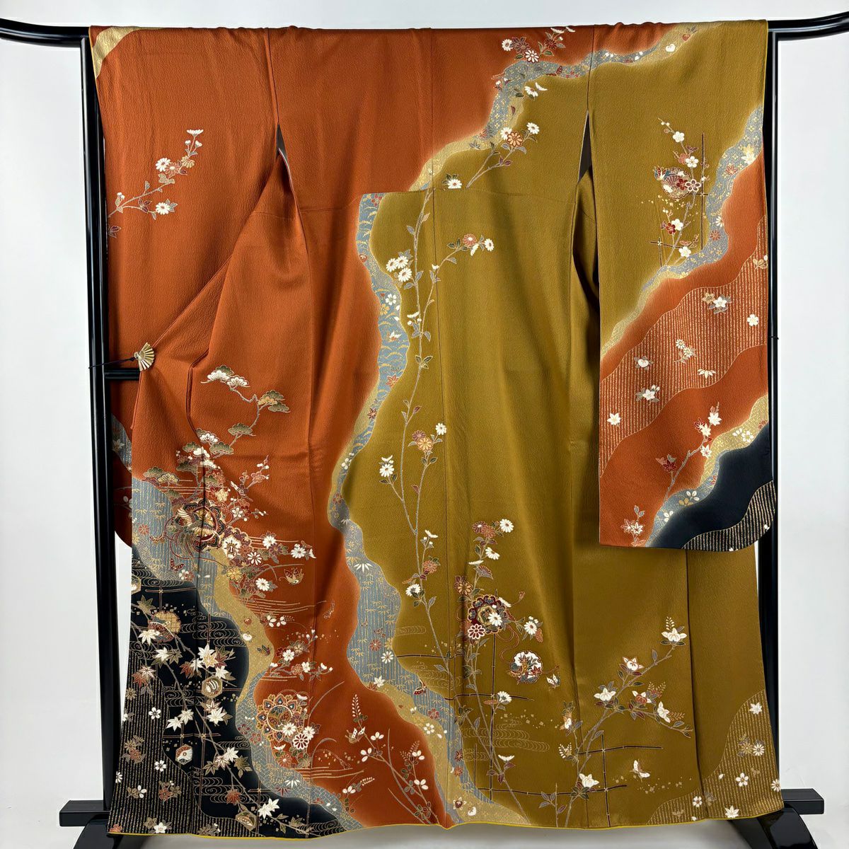 【美品】振袖禮服 身長160cm 袖長65.5cm M 雙層 鳳凰 松樹竹子梅花 金絲 金銀彩 紅茶 純蠶絲 秀品級