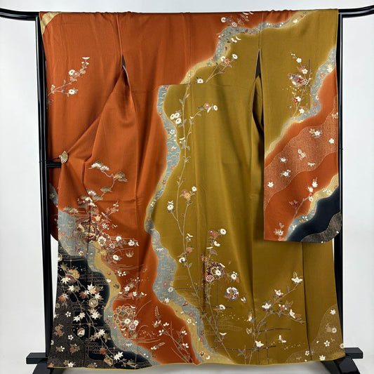【美品】振袖禮服 身長160cm 袖長65.5cm M 雙層 鳳凰 松樹竹子梅花 金絲 金銀彩 紅茶 純蠶絲 秀品級
