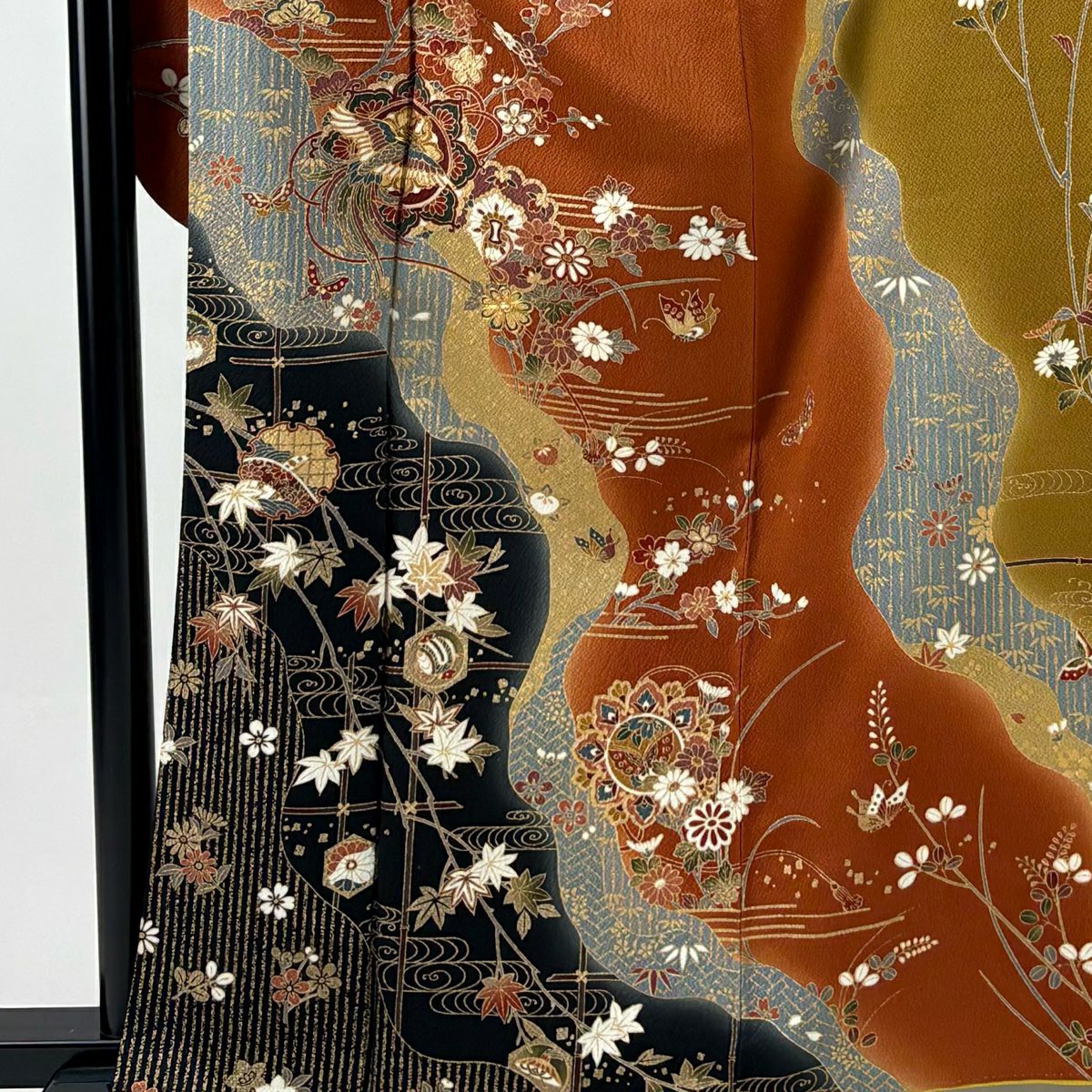【美品】振袖禮服 身長160cm 袖長65.5cm M 雙層 鳳凰 松樹竹子梅花 金絲 金銀彩 紅茶 純蠶絲 秀品級