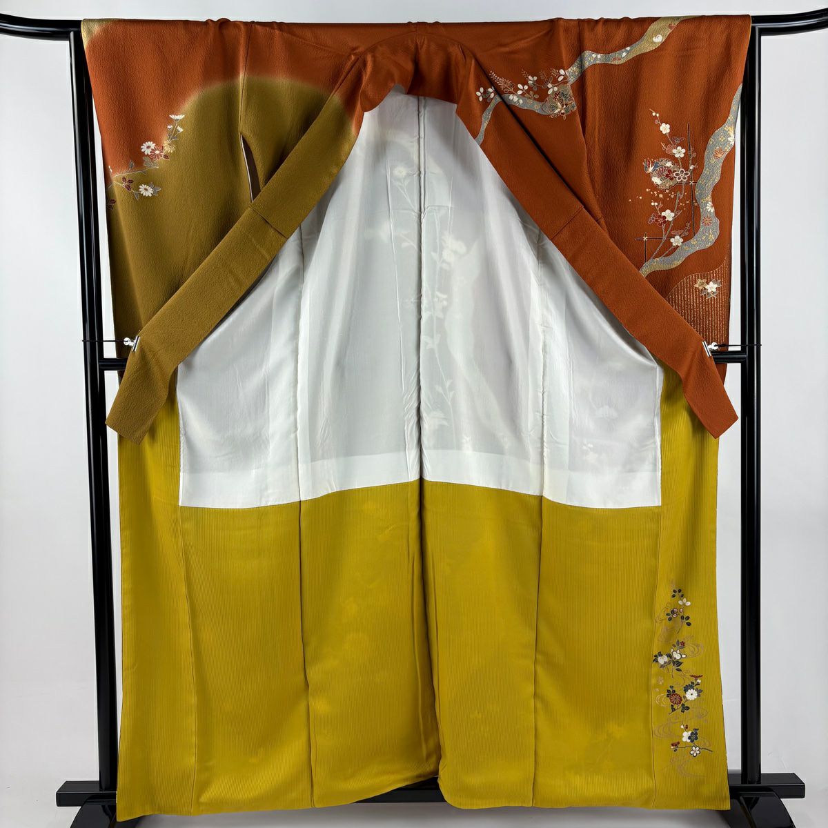 【美品】振袖禮服 身長160cm 袖長65.5cm M 雙層 鳳凰 松樹竹子梅花 金絲 金銀彩 紅茶 純蠶絲 秀品級