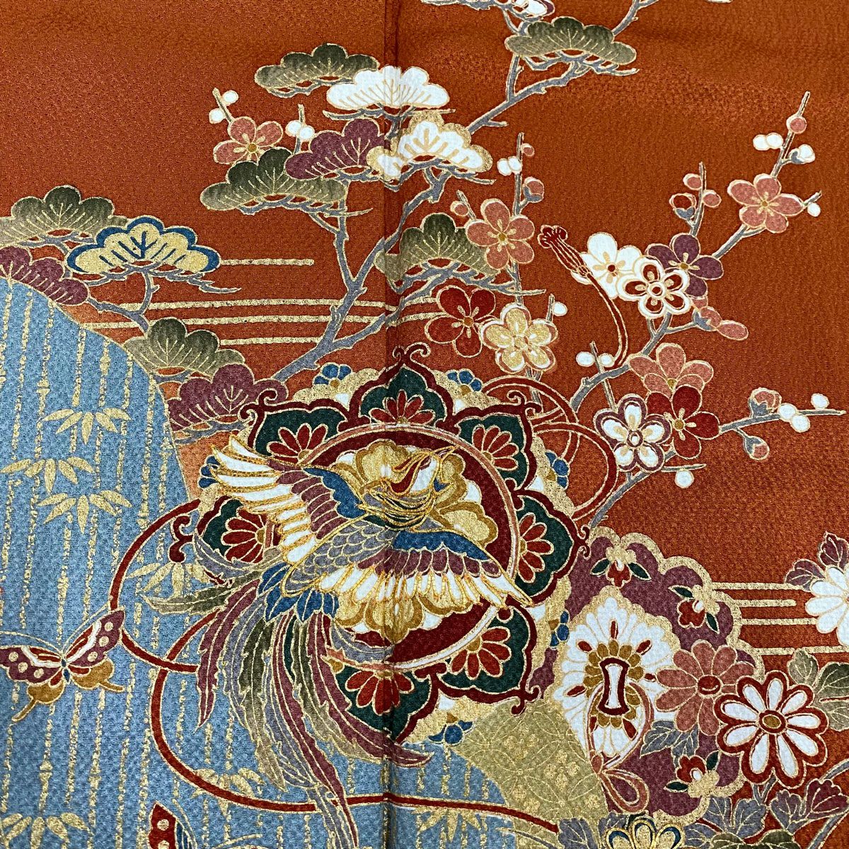 【美品】振袖禮服 身長160cm 袖長65.5cm M 雙層 鳳凰 松樹竹子梅花 金絲 金銀彩 紅茶 純蠶絲 秀品級