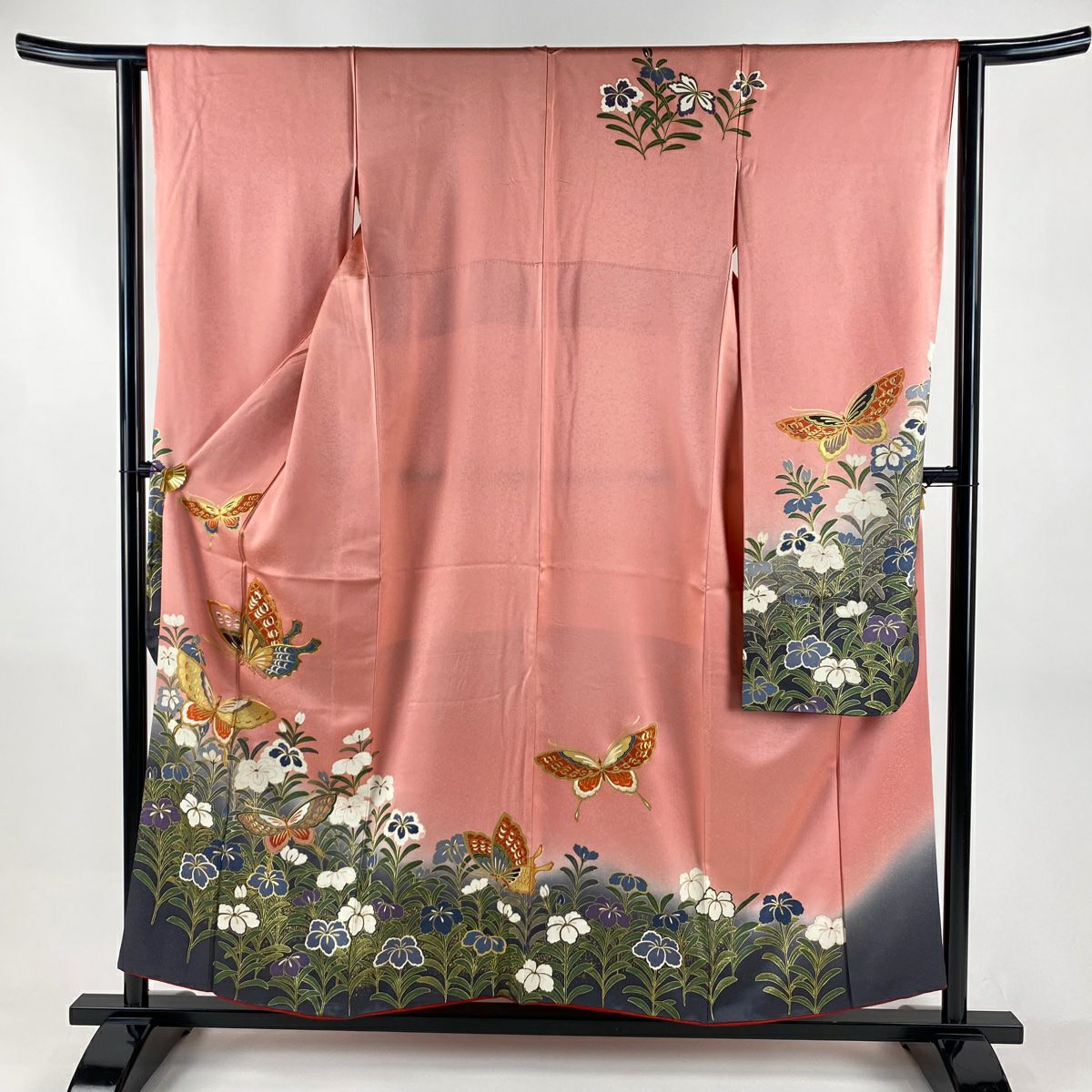 振袖禮服 身長155.5cm 袖長62cm S 雙層 蝶 草花紋紋 金絲 金銀彩 粉紅 純蠶絲 秀品級