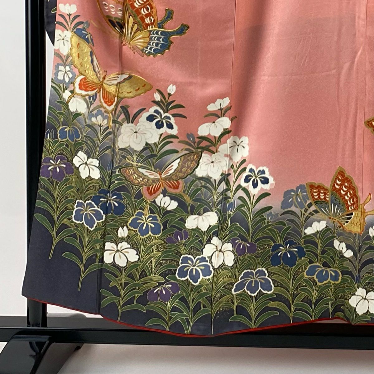 振袖禮服 身長155.5cm 袖長62cm S 雙層 蝶 草花紋紋 金絲 金銀彩 粉紅 純蠶絲 秀品級