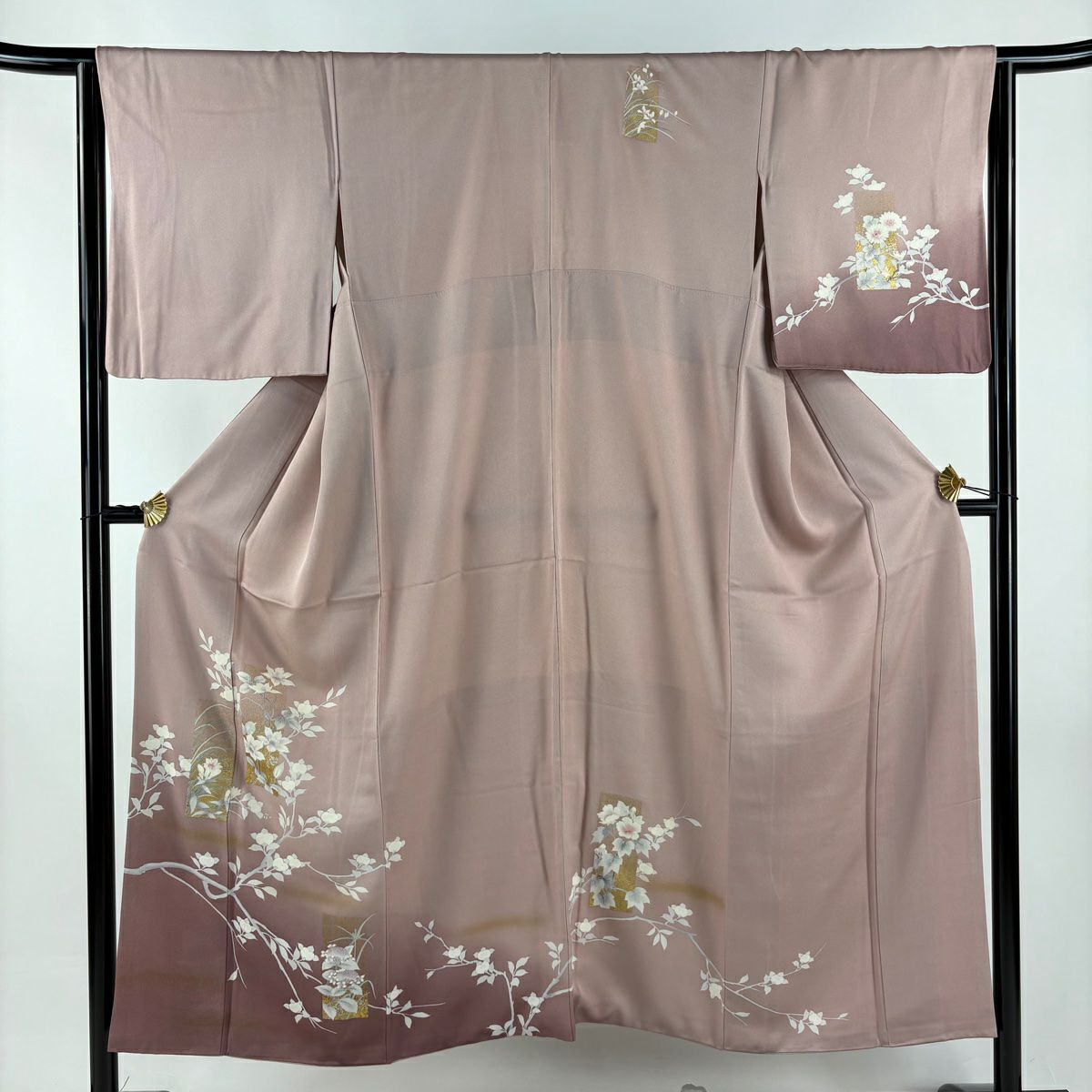 訪問服 身長150cm 袖長64cm M 雙層 短冊 草花紋紋 金銀彩 漸層 薄小豆 純蠶絲 秀品級