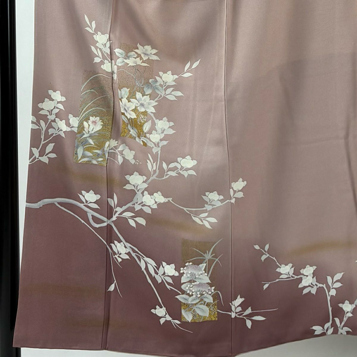 訪問服 身長150cm 袖長64cm M 雙層 短冊 草花紋紋 金銀彩 漸層 薄小豆 純蠶絲 秀品級