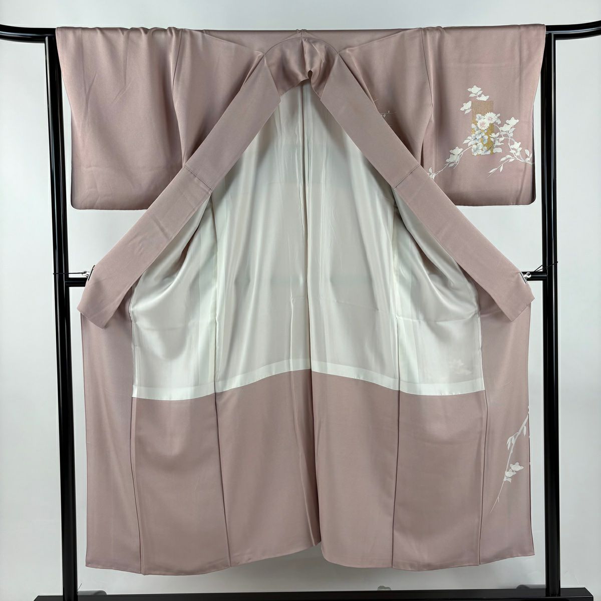 訪問服 身長150cm 袖長64cm M 雙層 短冊 草花紋紋 金銀彩 漸層 薄小豆 純蠶絲 秀品級