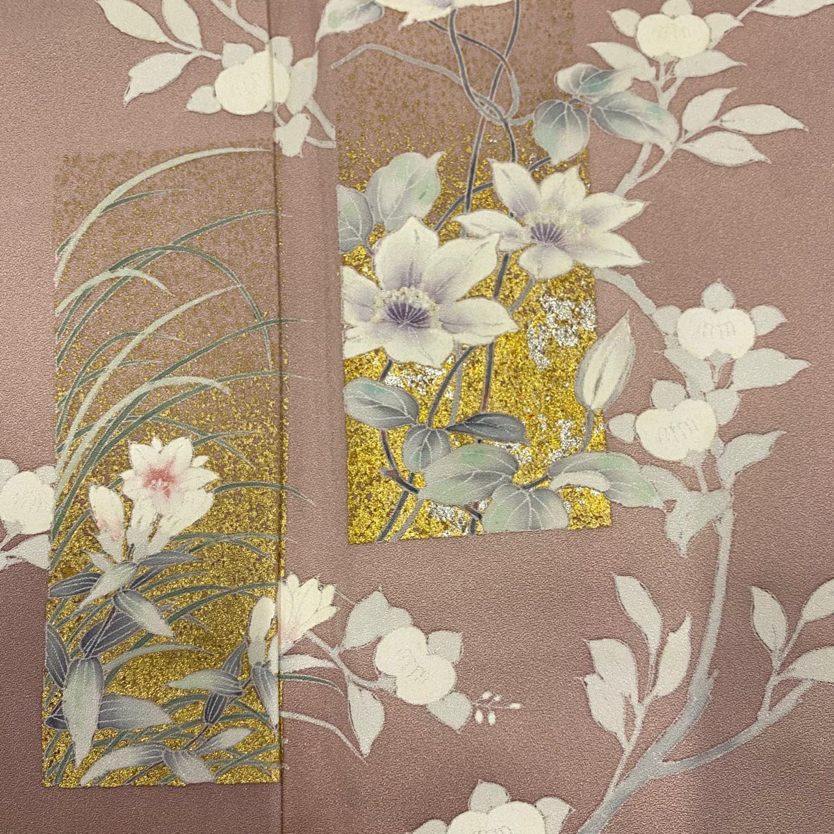 訪問服 身長150cm 袖長64cm M 雙層 短冊 草花紋紋 金銀彩 漸層 薄小豆 純蠶絲 秀品級