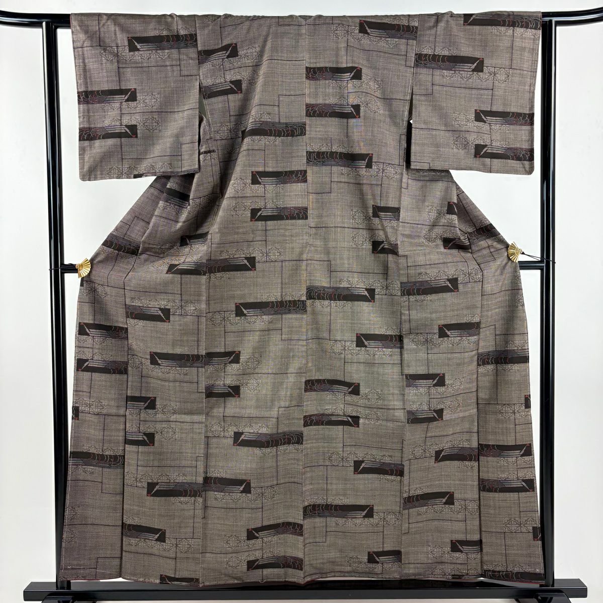 【美品】 紬織 身長159cm 袖長62cm S 雙層 菱 幾何學 焦茶 純蠶絲 秀品級