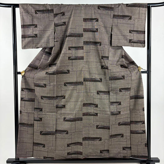 【美品】 紬織 身長159cm 袖長62cm S 雙層 菱 幾何學 焦茶 純蠶絲 秀品級