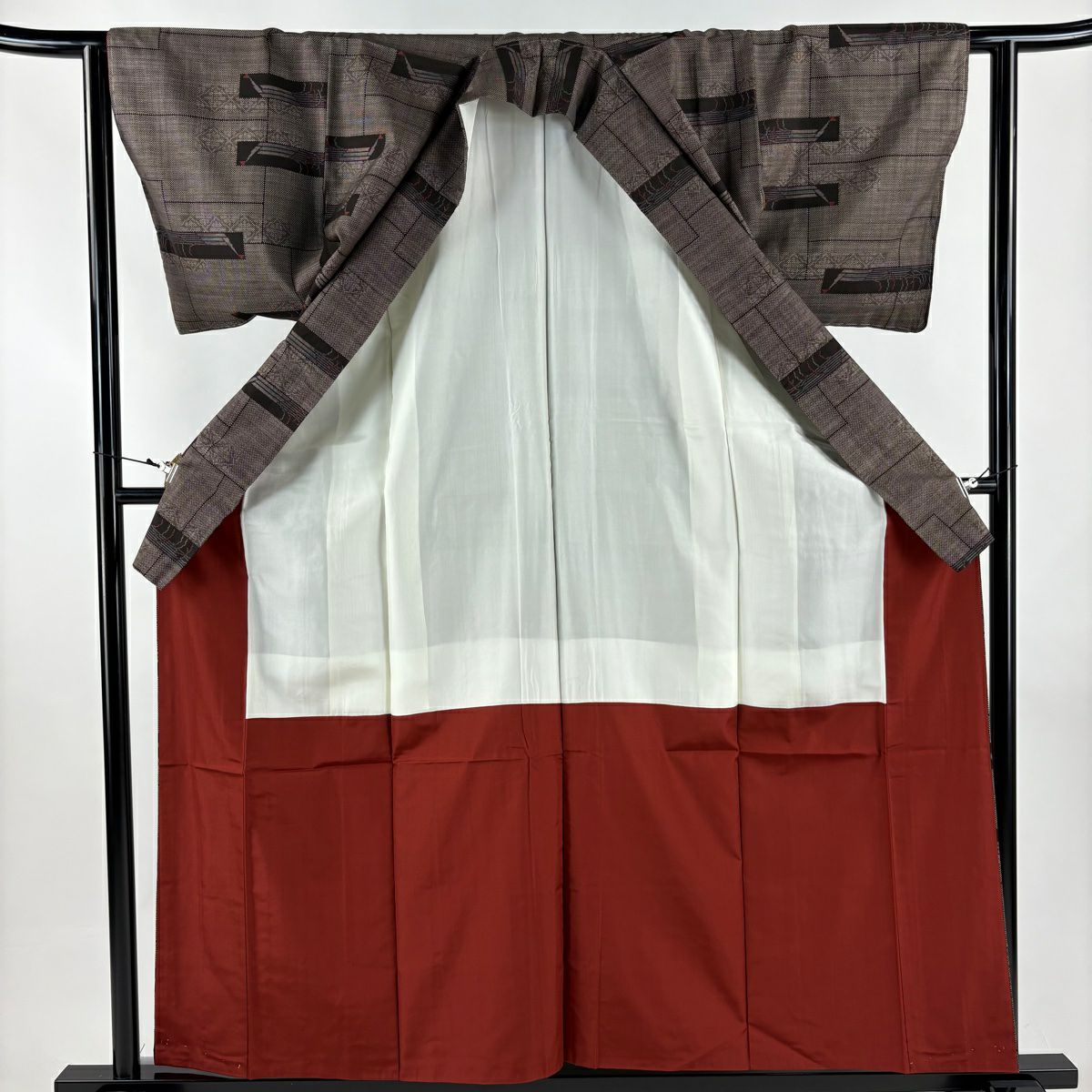 【美品】 紬織 身長159cm 袖長62cm S 雙層 菱 幾何學 焦茶 純蠶絲 秀品級