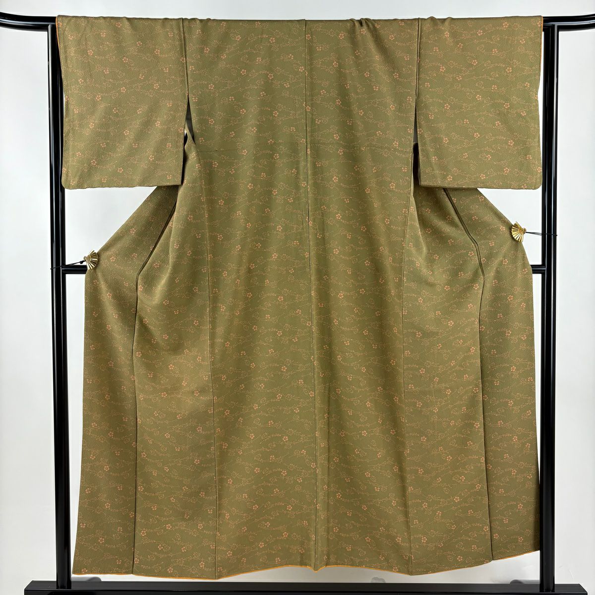 小紋 身長151cm 袖長65cm M 雙層 櫻花 縮緬 茶綠 純蠶絲 秀品級