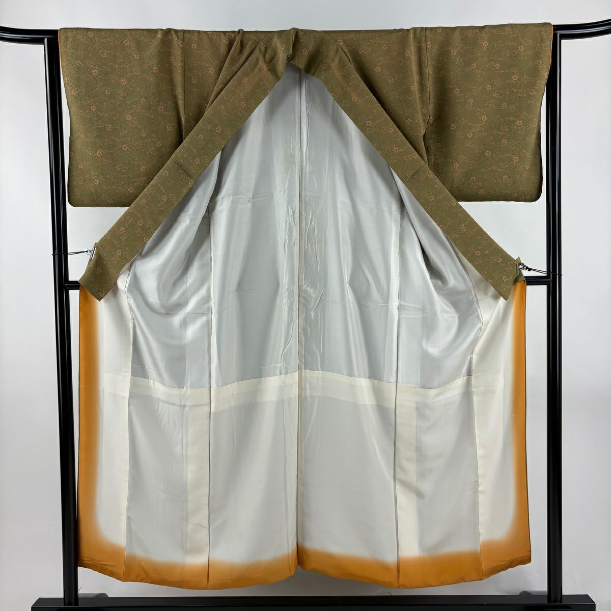 小紋 身長151cm 袖長65cm M 雙層 櫻花 縮緬 茶綠 純蠶絲 秀品級