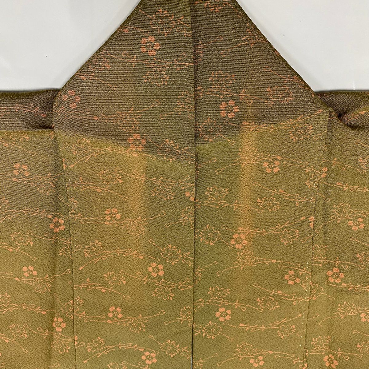 小紋 身長151cm 袖長65cm M 雙層 櫻花 縮緬 茶綠 純蠶絲 秀品級