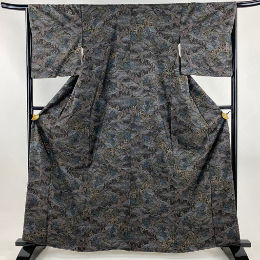 【美品】 大島紬織 身長163cm 袖長65cm M 雙層 純泥染 證書附帶 建築 樹木 茶紫 純蠶絲 逸品級