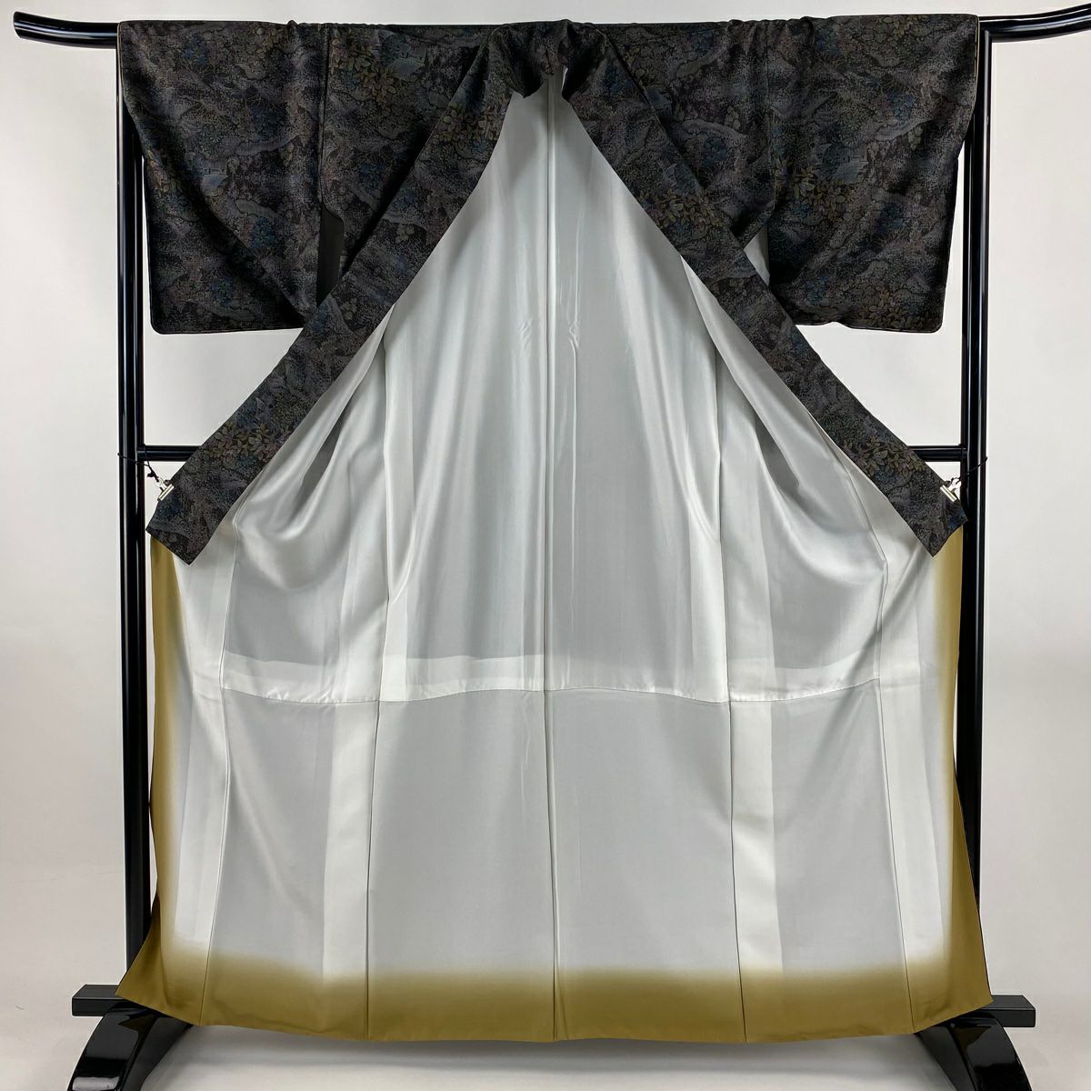【美品】 大島紬織 身長163cm 袖長65cm M 雙層 純泥染 證書附帶 建築 樹木 茶紫 純蠶絲 逸品級