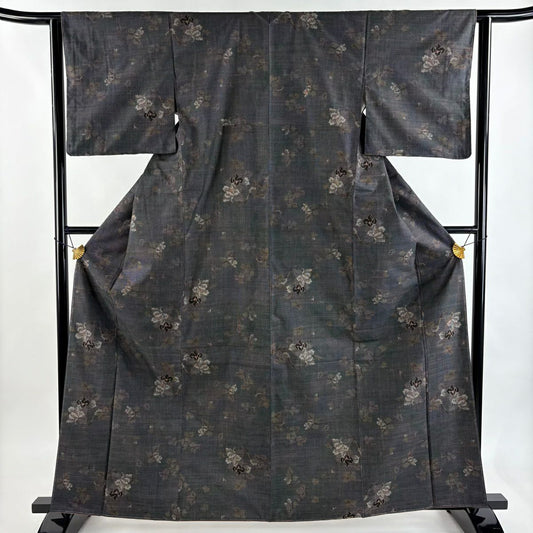 【美品】 大島紬織 身長163cm 袖長62.5cm S 雙層 都喜ヱ門 證書附帶 枝花 純泥染 青灰色 純蠶絲 逸品級