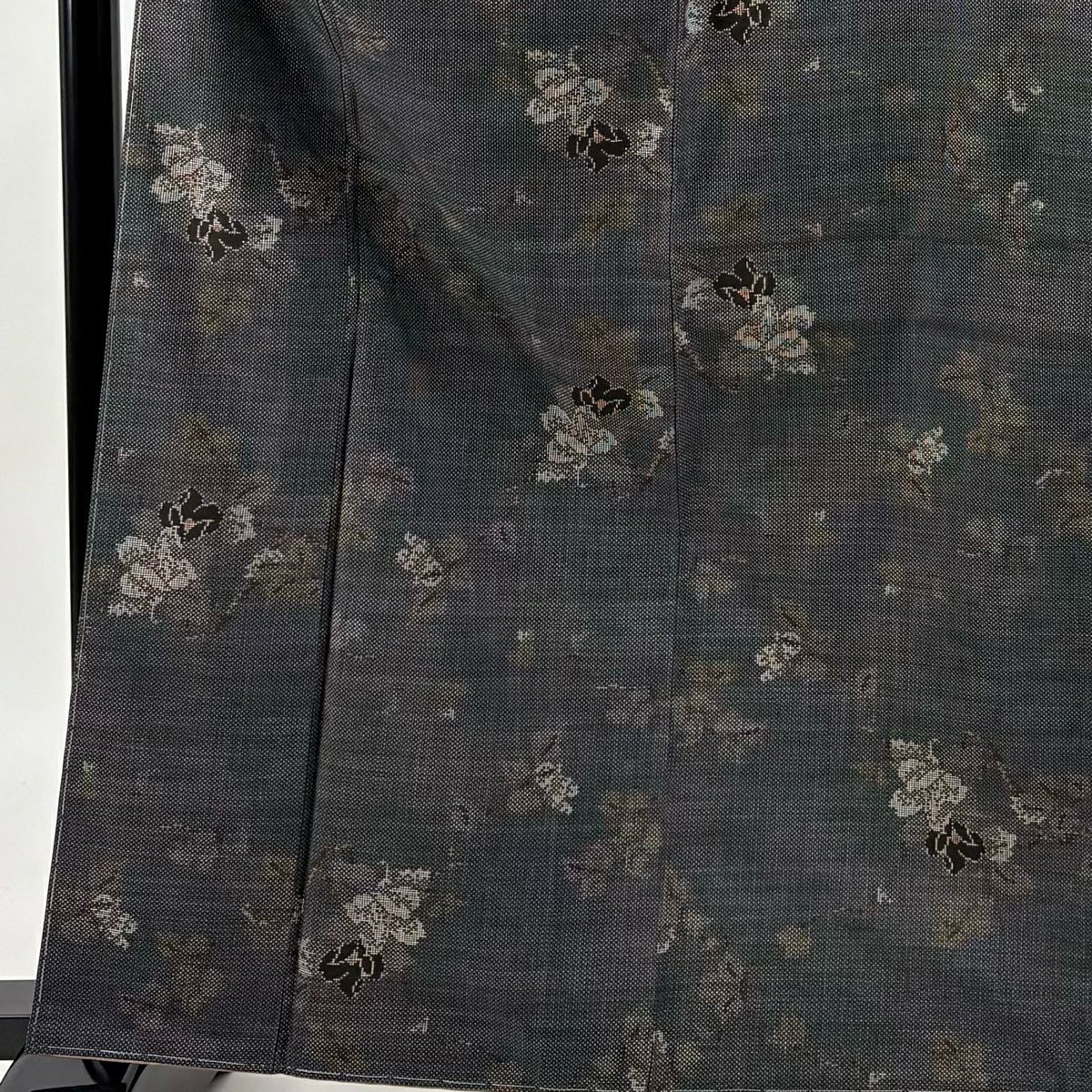 【美品】 大島紬織 身長163cm 袖長62.5cm S 雙層 都喜ヱ門 證書附帶 枝花 純泥染 青灰色 純蠶絲 逸品級