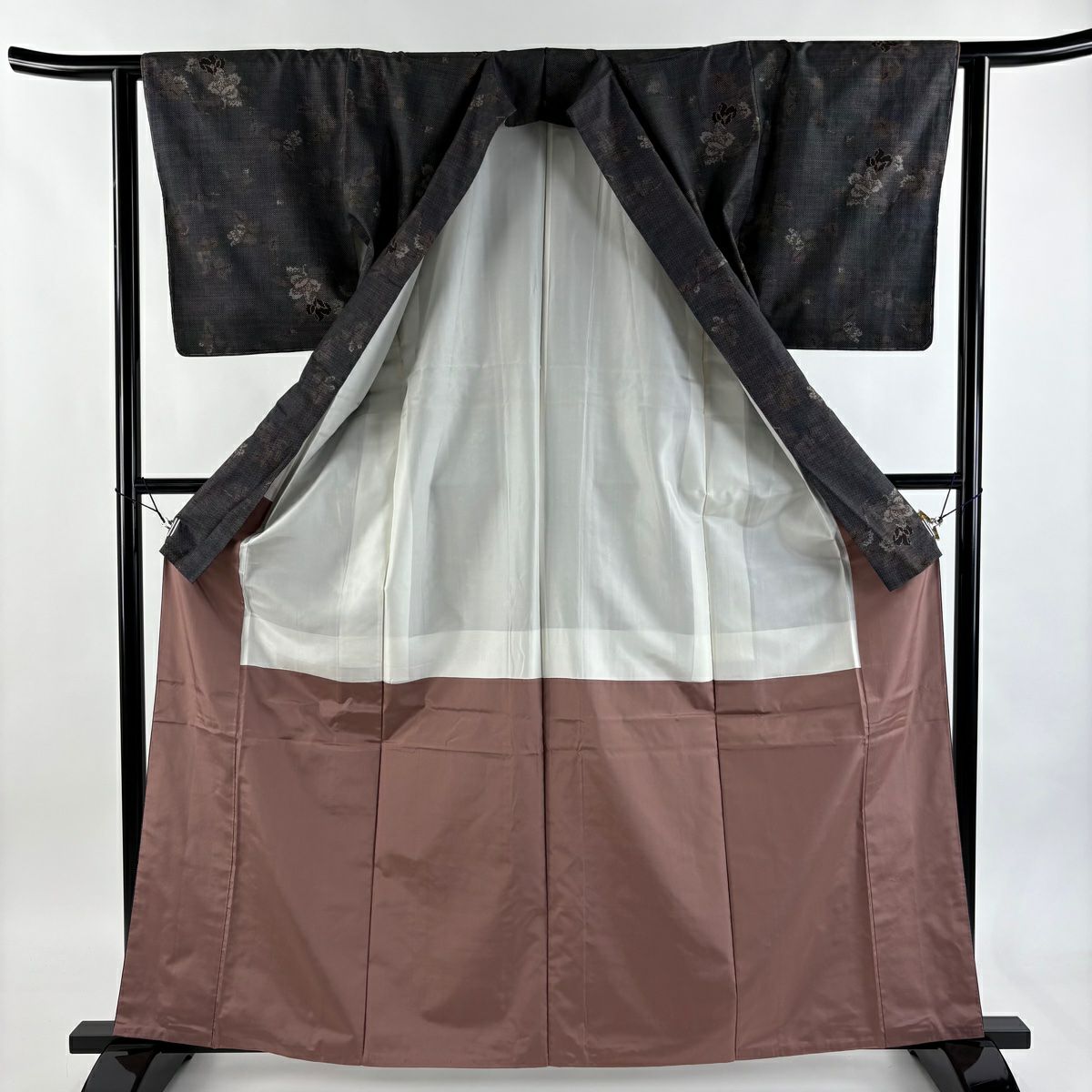 【美品】 大島紬織 身長163cm 袖長62.5cm S 雙層 都喜ヱ門 證書附帶 枝花 純泥染 青灰色 純蠶絲 逸品級