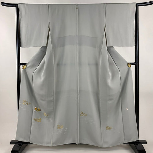 付下 身長159cm 袖長64cm M 雙層 人間國寶 羽田登喜男 落款 鴛鴦 金絲 金銀彩 灰 純蠶絲 逸品級 一個紋
