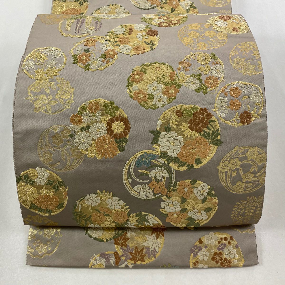 袋帶 逸品級 服部織物 落款 青青庵 花丸紋 楓 金金箔 灰 深藍 六通 純蠶絲