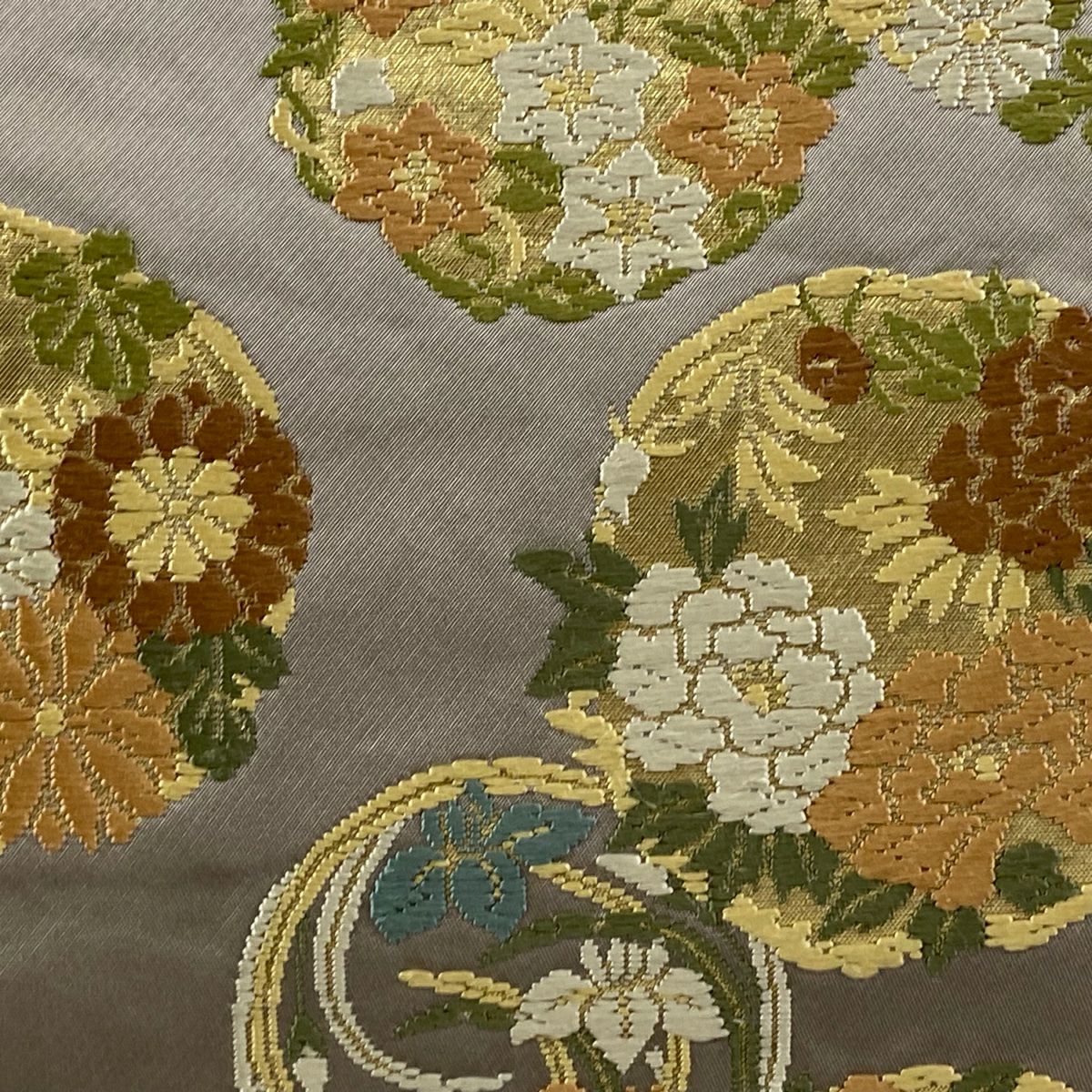 袋帶 逸品級 服部織物 落款 青青庵 花丸紋 楓 金金箔 灰 深藍 六通 純蠶絲