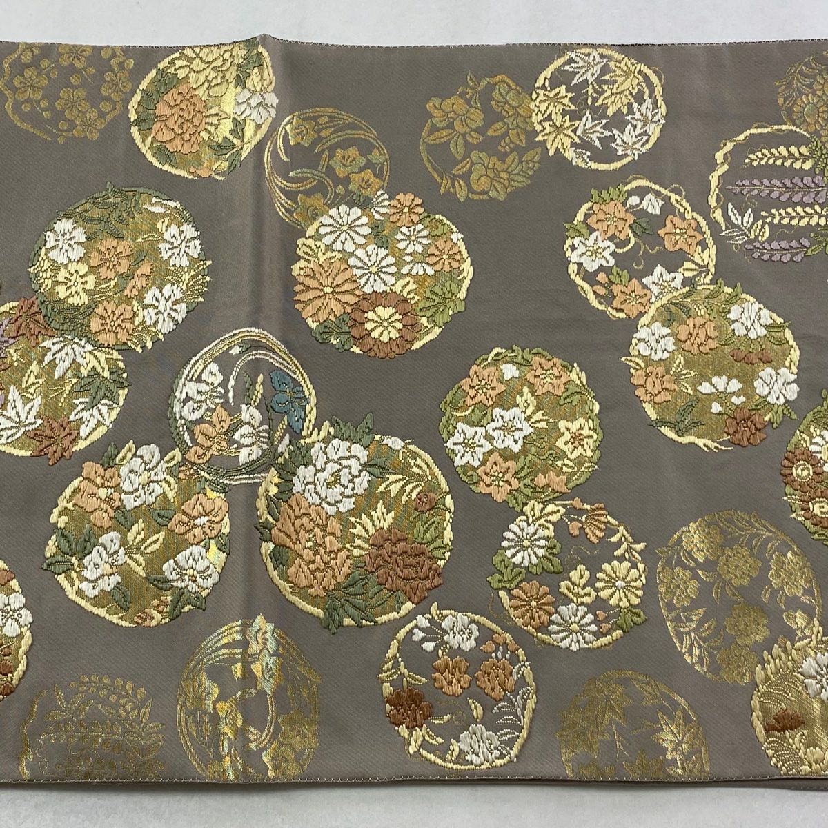 袋帶 逸品級 服部織物 落款 青青庵 花丸紋 楓 金金箔 灰 深藍 六通 純蠶絲