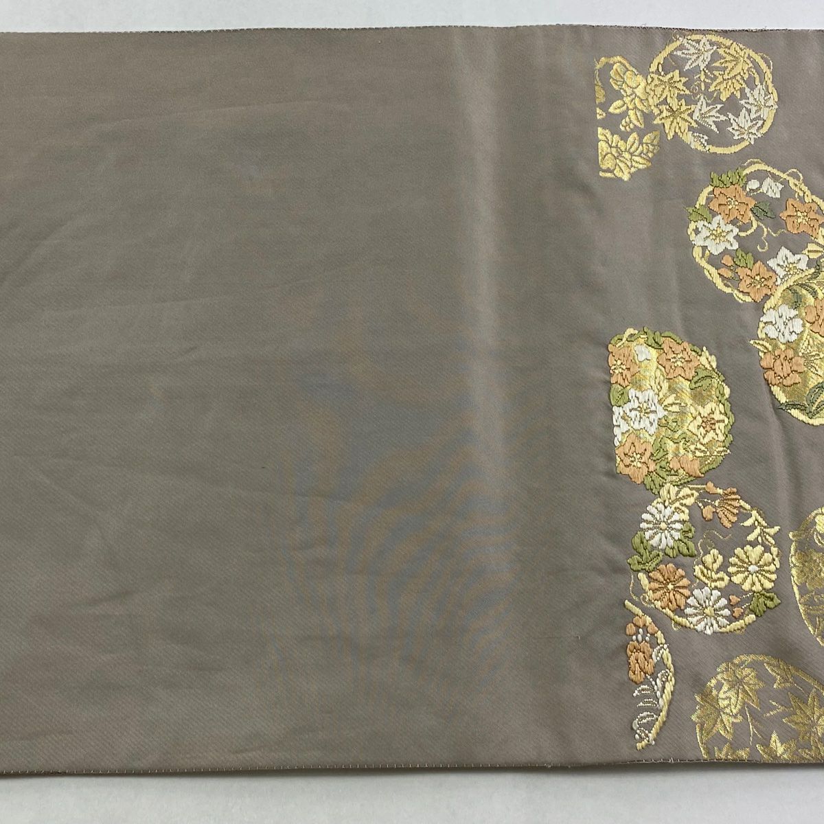 袋帶 逸品級 服部織物 落款 青青庵 花丸紋 楓 金金箔 灰 深藍 六通 純蠶絲