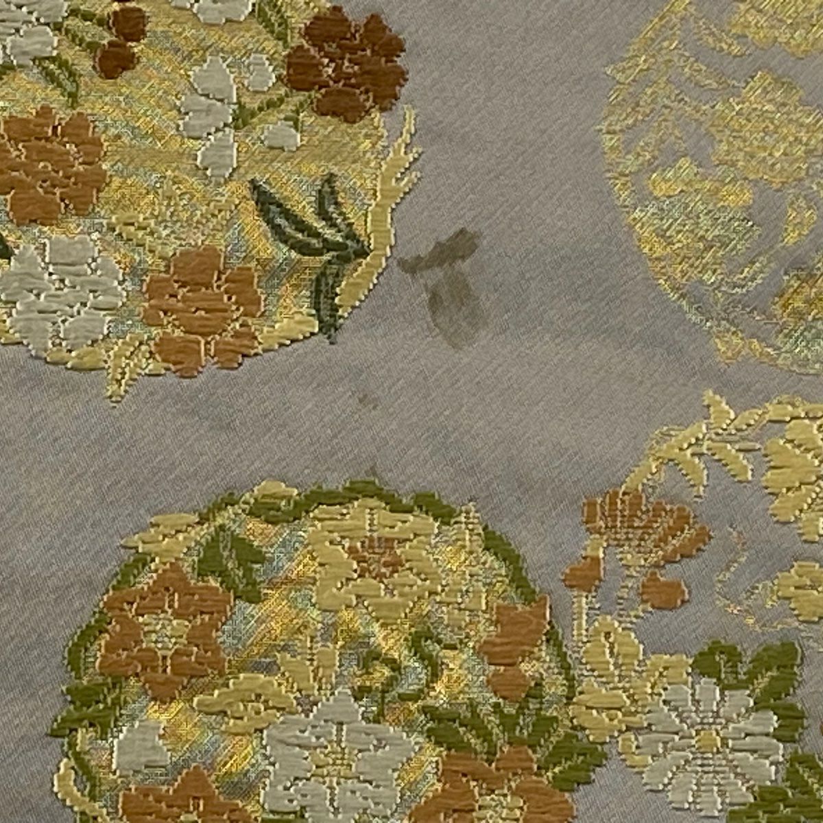 袋帶 逸品級 服部織物 落款 青青庵 花丸紋 楓 金金箔 灰 深藍 六通 純蠶絲