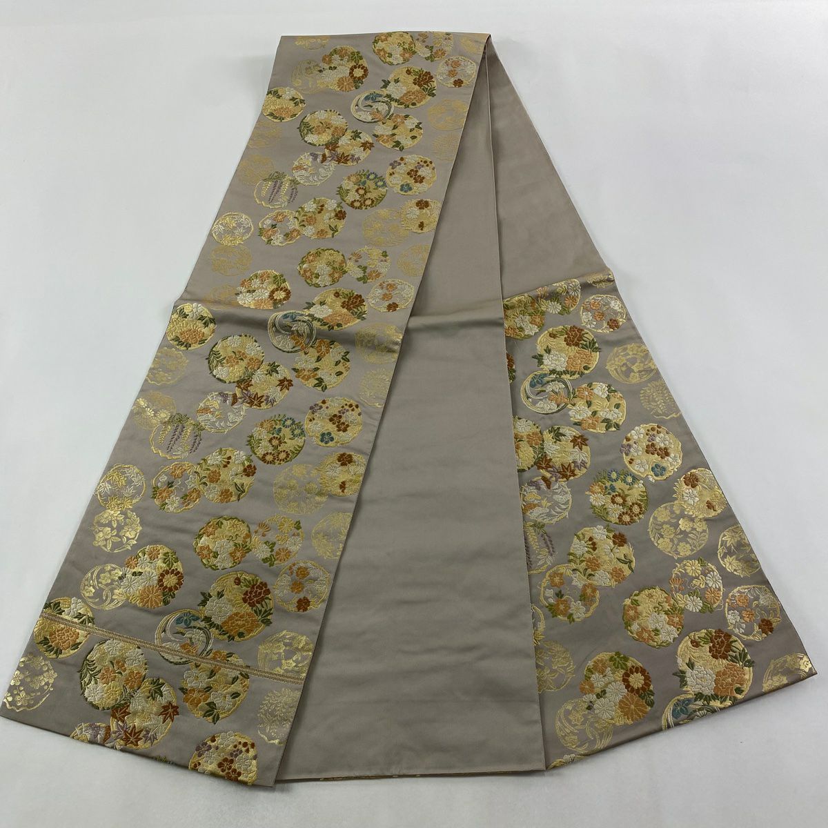袋帶 逸品級 服部織物 落款 青青庵 花丸紋 楓 金金箔 灰 深藍 六通 純蠶絲