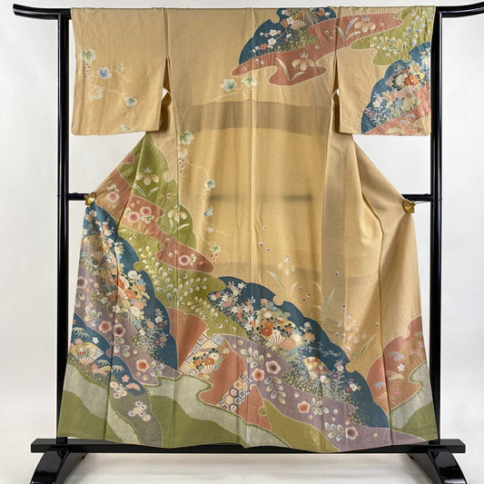 【美品】訪問服 身長157.5cm 袖長64cm M 雙層 扇子 草花紋紋 金糸 絞染 淺橙色 純蠶絲 名品級