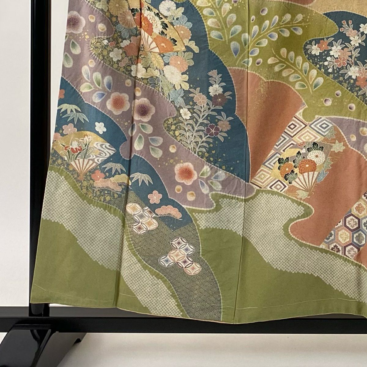 【美品】訪問服 身長157.5cm 袖長64cm M 雙層 扇子 草花紋紋 金糸 絞染 淺橙色 純蠶絲 名品級